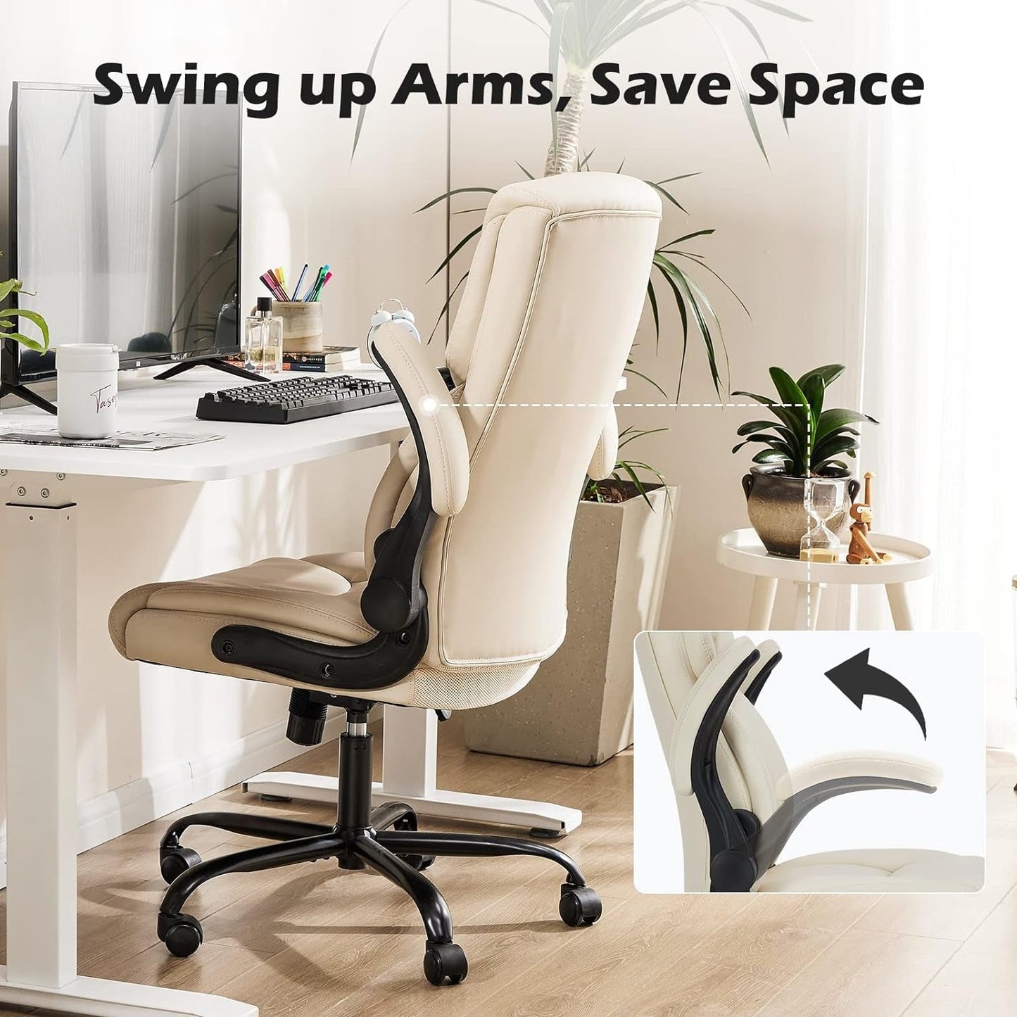 Office Chair - Ergonomic Executive Computer Desk Chairs with Adjustable Flip-Up Armrest, Swivel Task Chair with Lumbar Support, Strong Metal Base, PU Leather, White-4