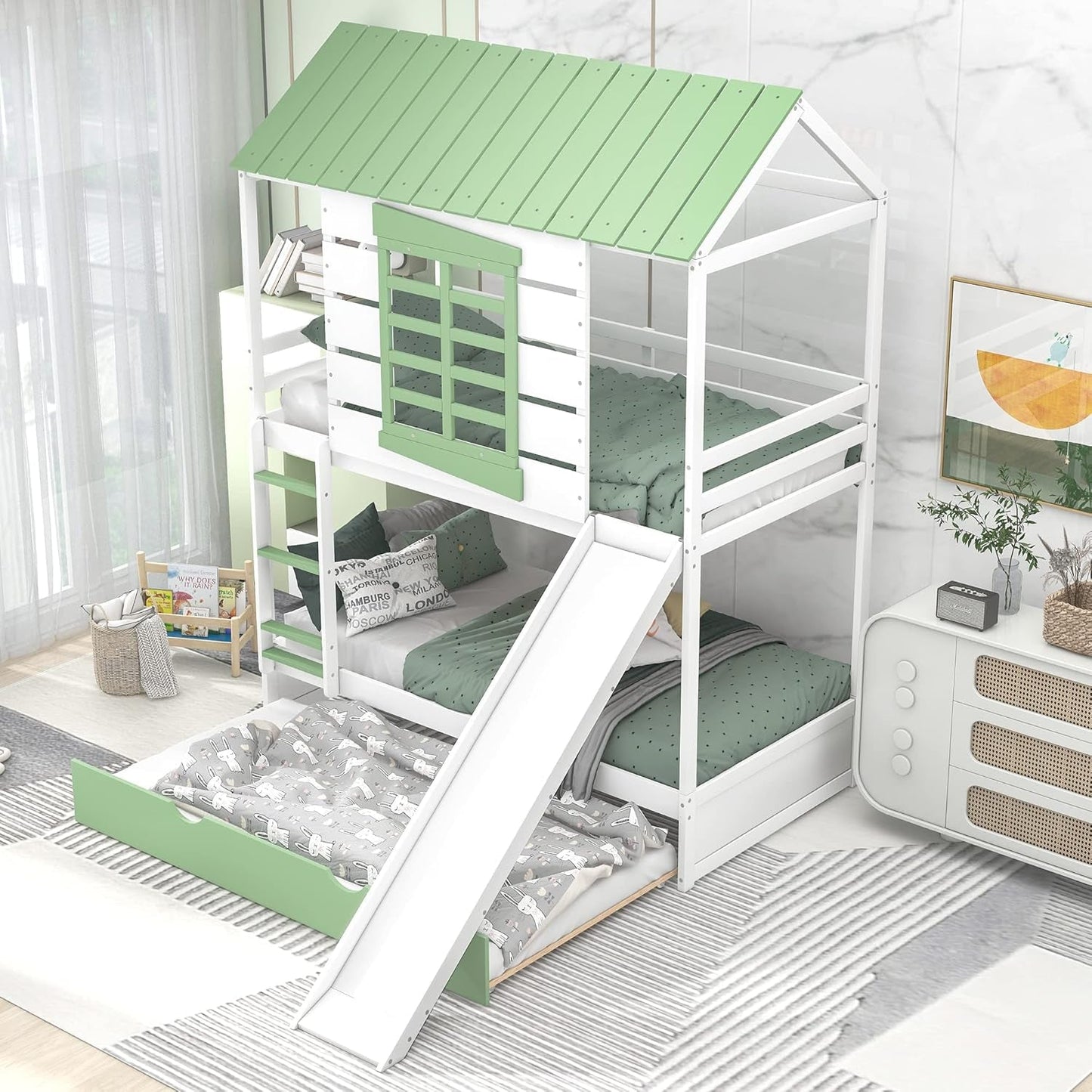 House Bunk Bed with Convertible Slide and Trundle, Solid Wood Bunk Bed Twin over Twin, for Kids Girls Boys (White+Green)-2