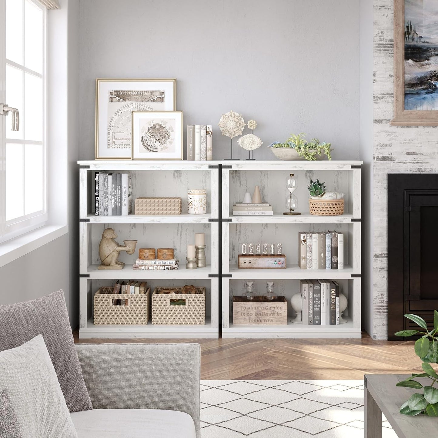 3 Tier Bookcase, Farmhouse Book Shelf with Storage, Low Book Case Wooden 3 Shelf Bookcase for Home Office, Living Room, Bed Room (White, 40.0" H X 31.5" W X 12.2" D)-3