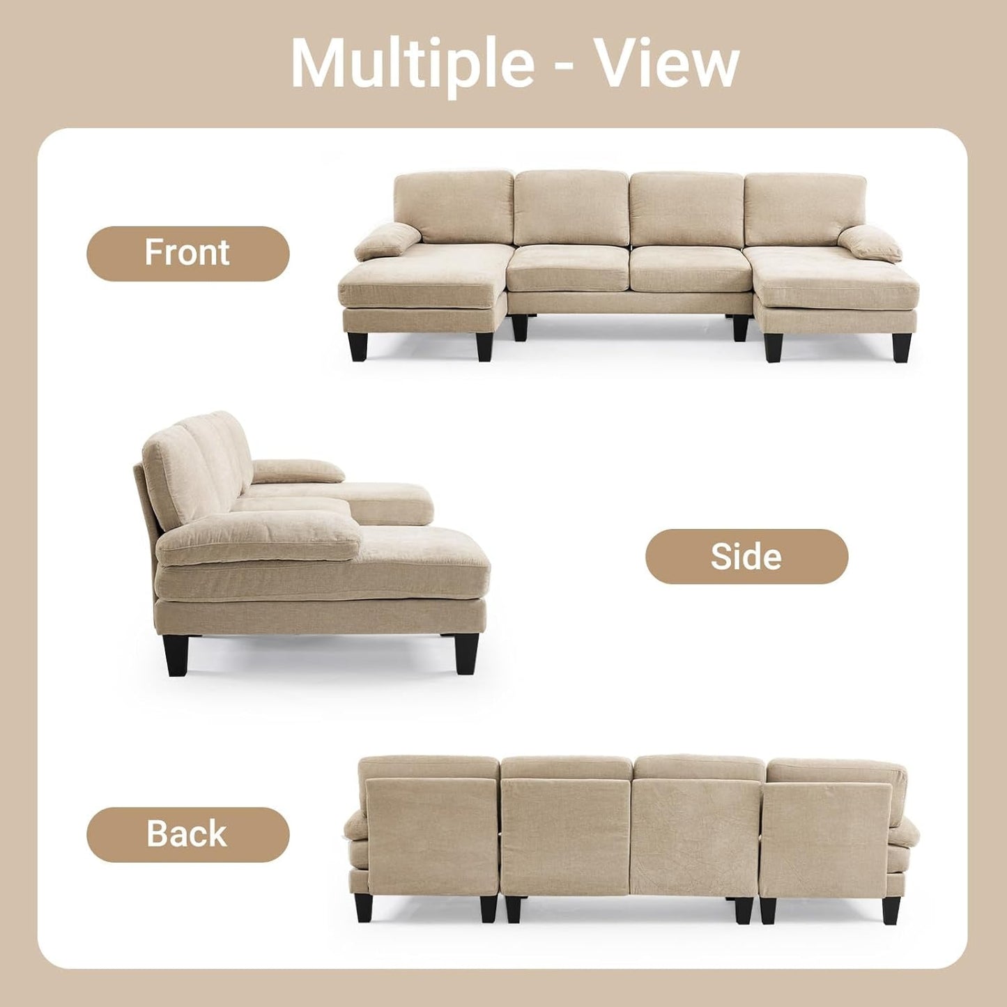 Light Khaki 110" U-Shape Sectional Couch Double Chaise-4