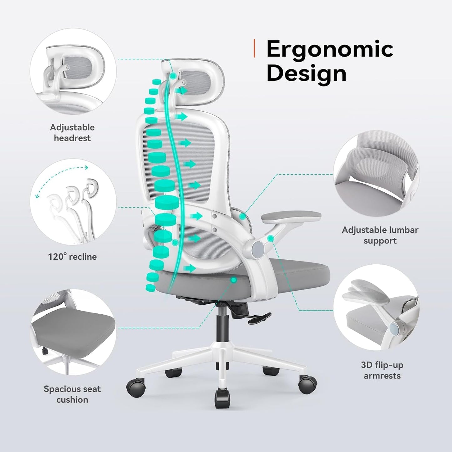M102C Ergonomic Office Chair, High Back Desk Chair with 3D Armrests, Up&Down Lumbar Support, Swivel Computer Task Chair with Adjustable 2D Headrest, Tilt Function,White-4