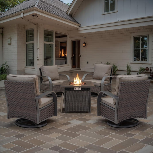 5 Pieces Patio Furniture Set with Fire Pit Table - 4 Outdoor Swivel Rocker Chairs with 50000 BTU Propane Fire Pit Table, Patio Conversation Sets for outside Backyard Patio Casual Gathering-1