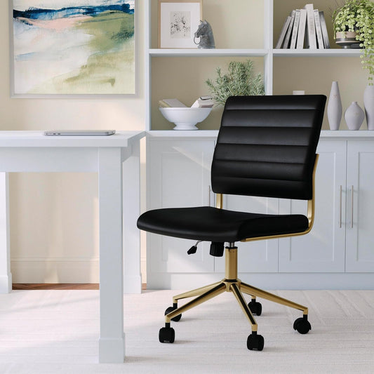 Ivy Armless Swivel Task Chair for Home Office in Black Faux Leather with Polished Brass Frame-1