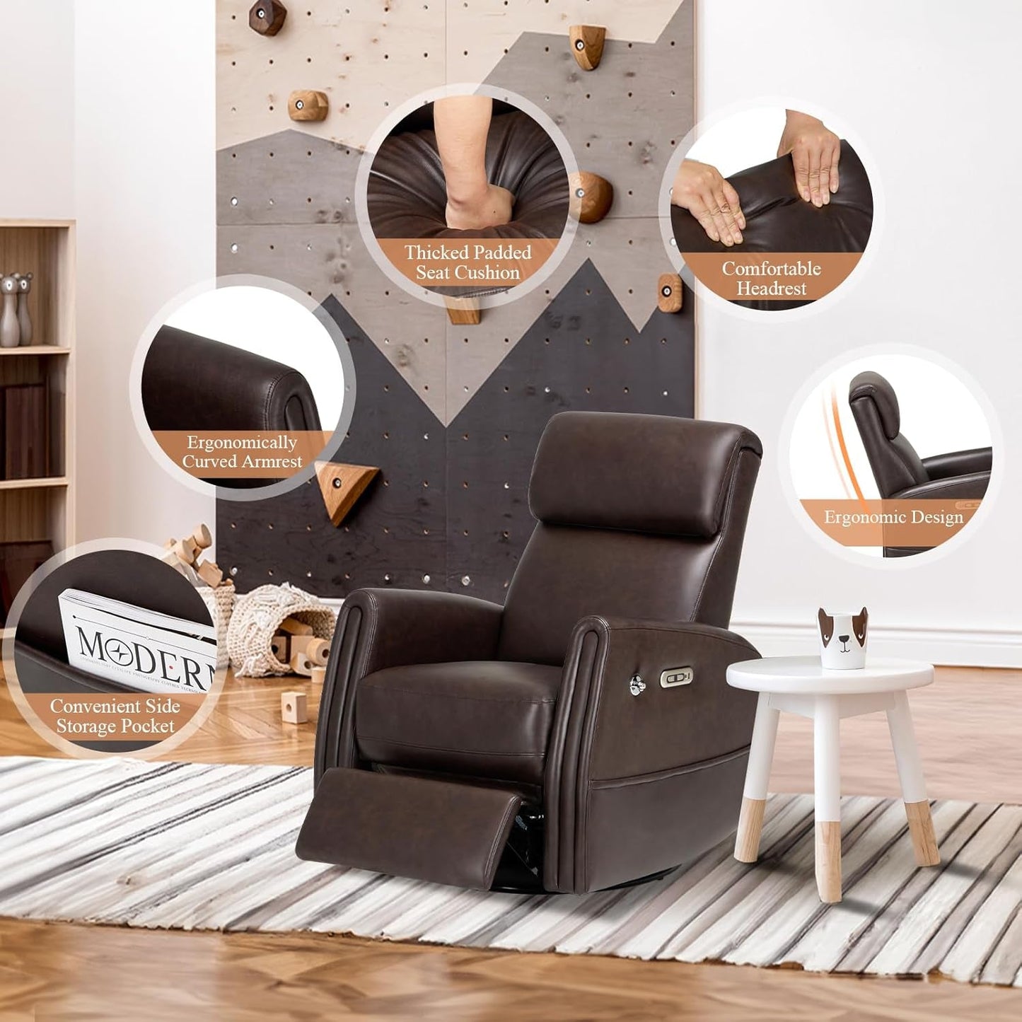 Power Recliner Chair Swivel Glider Rocker for Nursery, Upholstered Faux Leather Living Room Rocking Reclining Single Sofa Chair with 2 Device Holders, Chocolate-4