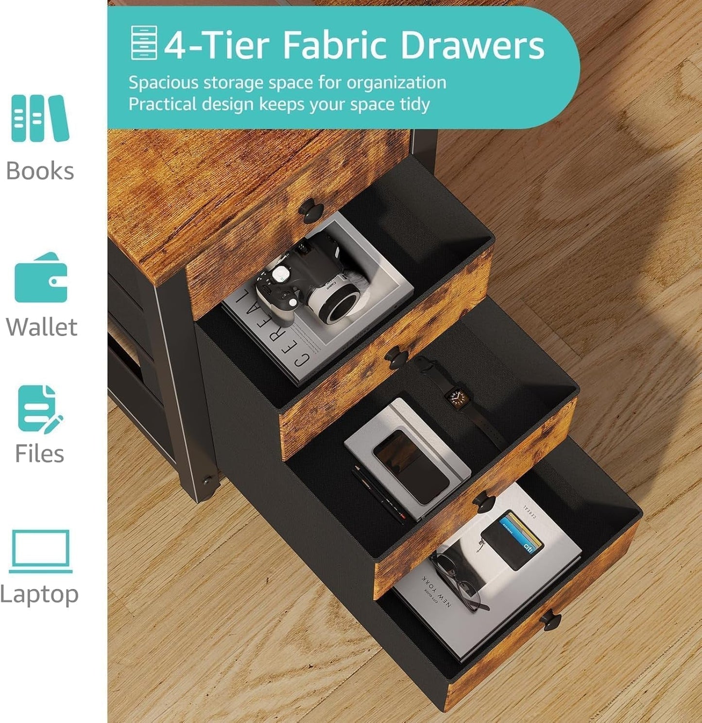 Computer Desk with Fabric Drawers - 55 Inch Long Study Work Writing Desk for Home Office Bedroom, Simple Modern Cute PC Desks with Drawer, Rustic Brown-4