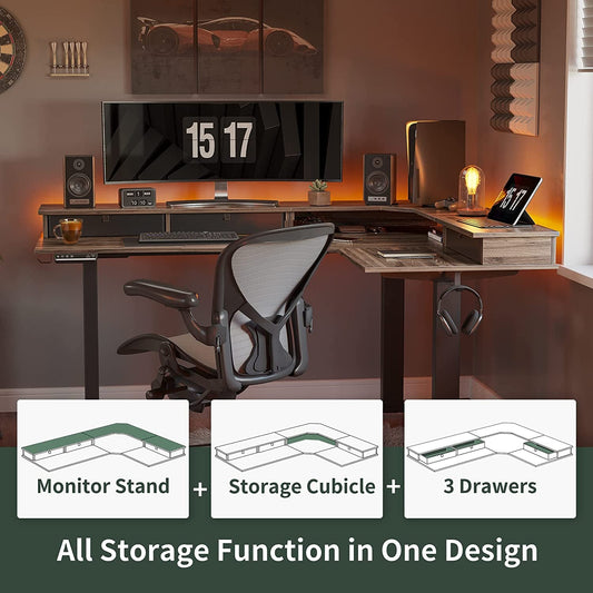 Triple Motor 63″ L Shaped Standing Desk with 3 Drawers, Electric, Black Frame/Black Walnut Top-1