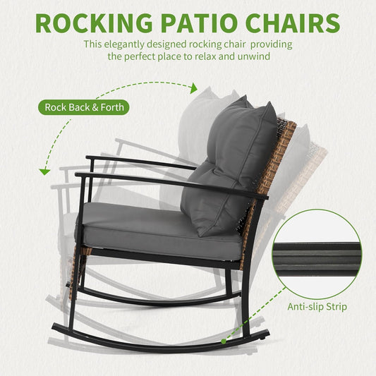 Outdoor Rocking Chair Set with Cushions and 2-Tier Coffee Table, Rattan Wicker 3 Pieces Patio Bistro Furniture Sets for Garden, Porch, Balcony, Backyard Grey-1
