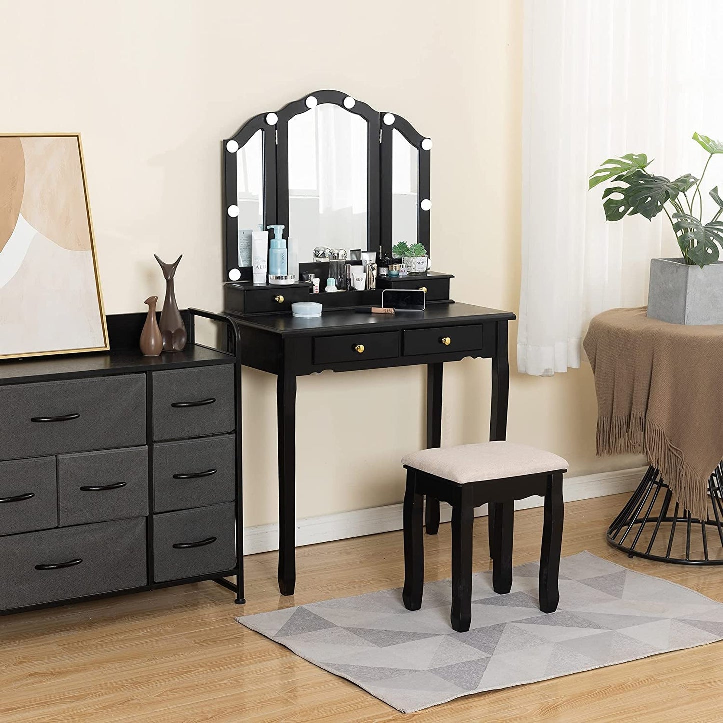 Black Vanity Set with Lighted Tri-Fold Mirror-0