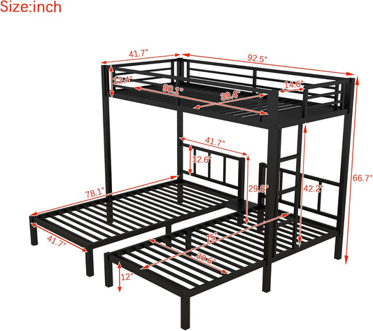 Triple Bunk Bed for Kids, Detachable Metal Twin over Twin over Twin Bunk Bed with Guardrails, Built-In Ladder, Shelf, Converts to 3 Separate Twin Beds, Easy Assembly, Black-1