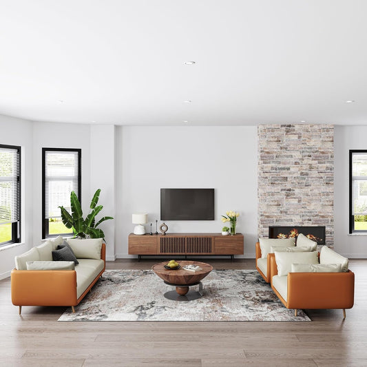 Modern Solid Wood TV Stand, Entertainment Center for 70 75+ Inch TV, Slatted Media Console TV Cabinet with Tall-Cast Metal Legs, Walnut Veneer, Fully-Assembled, 78"-1