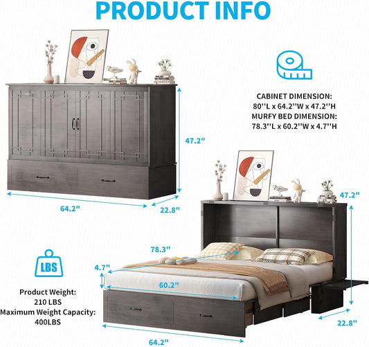 Multifunctional Murphy Bed Queen with USB Charging Ports-1