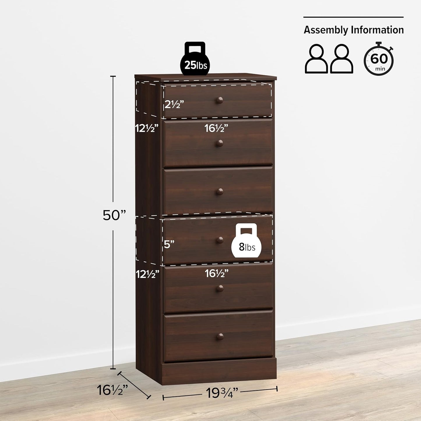 Astrid Tall Brown Dresser: 16.5"D X 19.75"W X 50"H, 6-Drawer Chest for Bedroom by - Perfect Chest of Drawers for Ample Storage-2