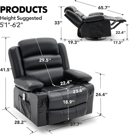 Rocker Recliner Chair with Heat and Massage, 360° Swivel Recliner Chairs for Adults, Oversized Recliner Single Sofa Seat with Cup Holders, Lazy Boy Recliner Single Sofa Seat, Black-1