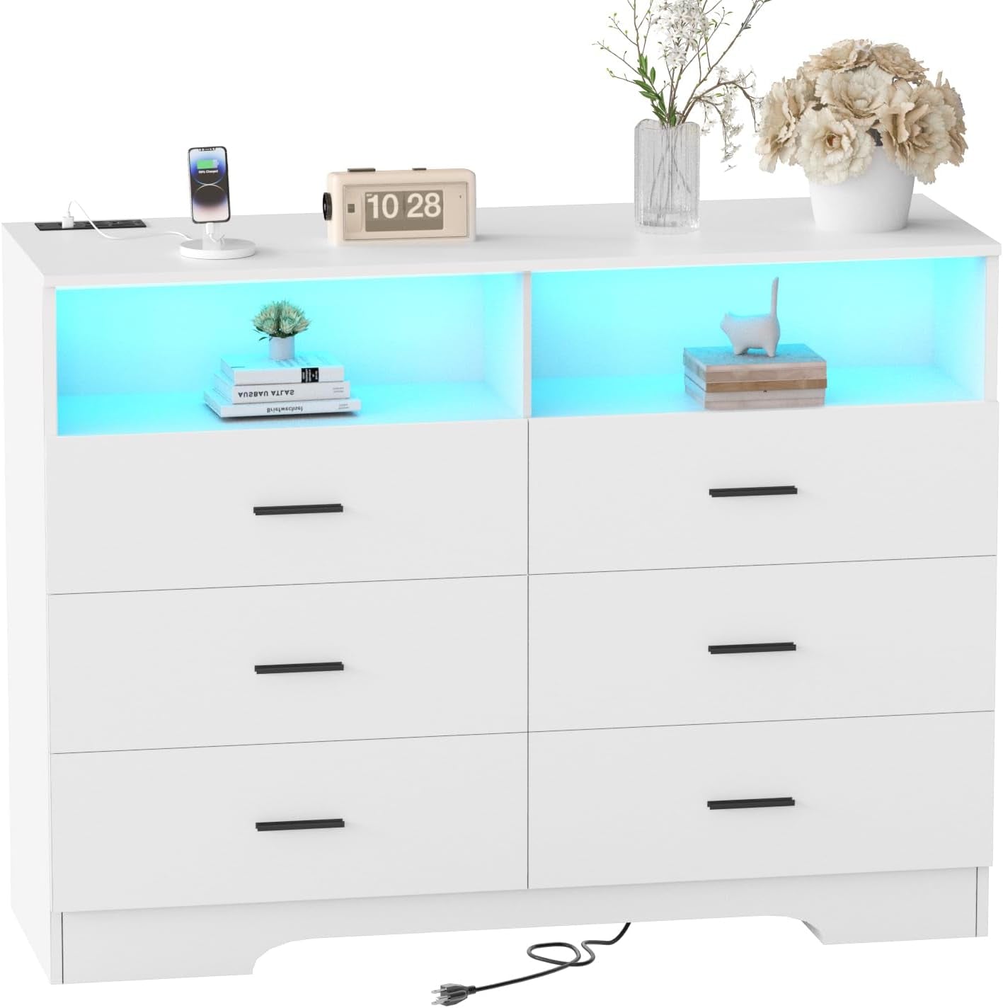 Dresser with Power Outlets and LED Lights Wooden 6 Drawer Dresser with Large Organizer Tall White Dresser for Bedroom Chest of Drawers Closet Modern Dresser for Living Room Kids Room-0