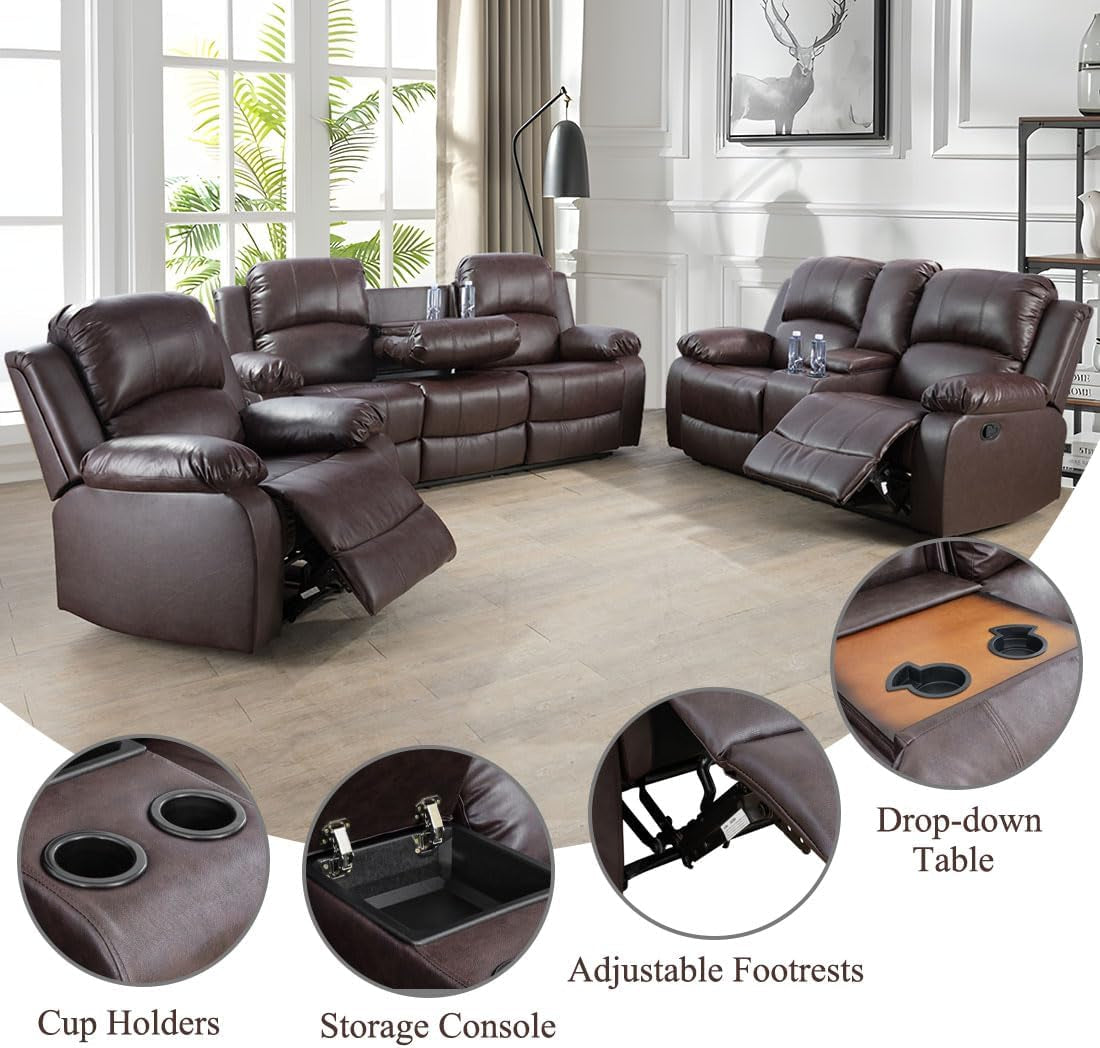 3PCS Recliner Sofa Set Vegan Leather Reclining Couch Set Living Room Furniture Sets Manual Reclining Sofa Set with Cup Holders/Storage Console/Flip down Table for Home/Office (Brown, 3PCS Set)-4