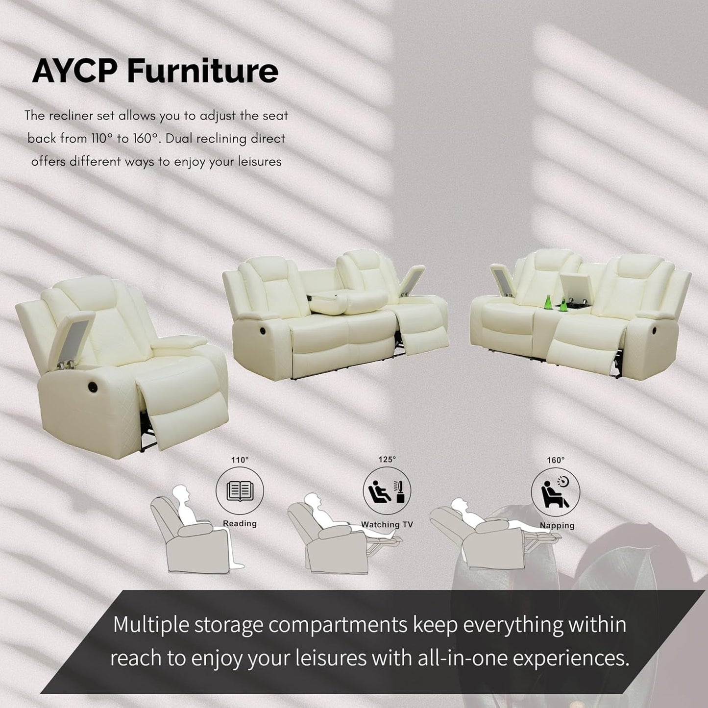 Power Recliner Set with LED Lights, Air Leather Reclining Set with USB Port/Wireless Charger/Storage Console/Cup Holder for House/Hometheater/Apt (Ivory White, Sofa Loveseat Chair)-3