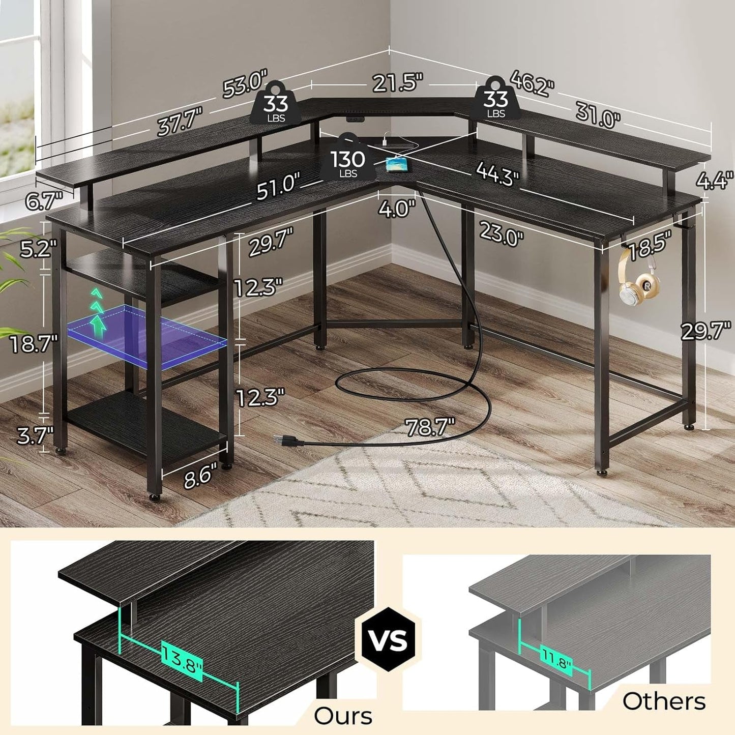 L Shaped Gaming Desk with LED Lights & Power Outlets, 46.2" Computer Desk with Full Monitor Stand & Storage Shelf, Corner Desk with Hooks, Black Desk Reversible-2