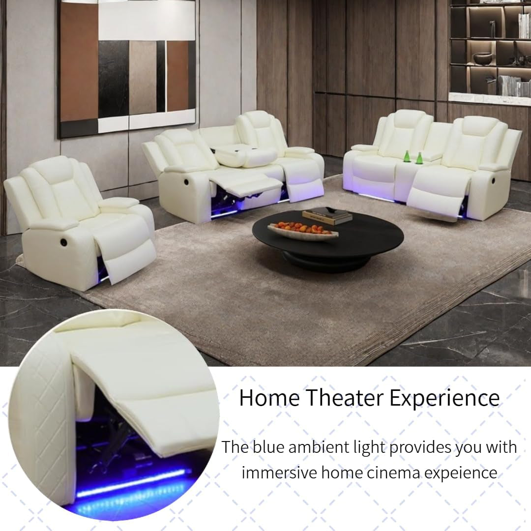 Power Recliner Set with LED Lights, Air Leather Reclining Set with USB Port/Wireless Charger/Storage Console/Cup Holder for House/Hometheater/Apt (Ivory White, Sofa Loveseat Chair)-4