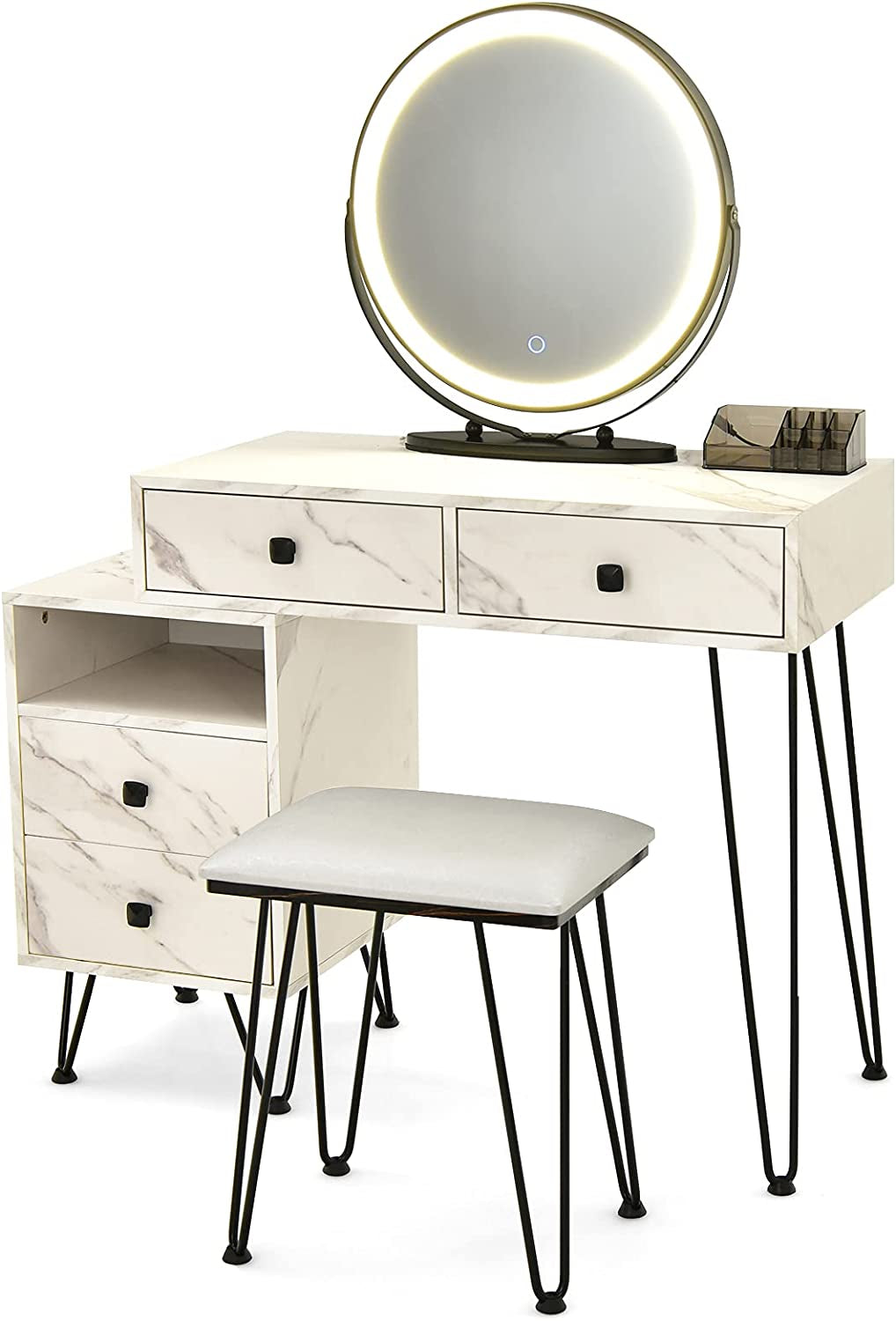 Vanity Set with Lighted Mirror, Left or Right Side Cabinet (Marble White)-1