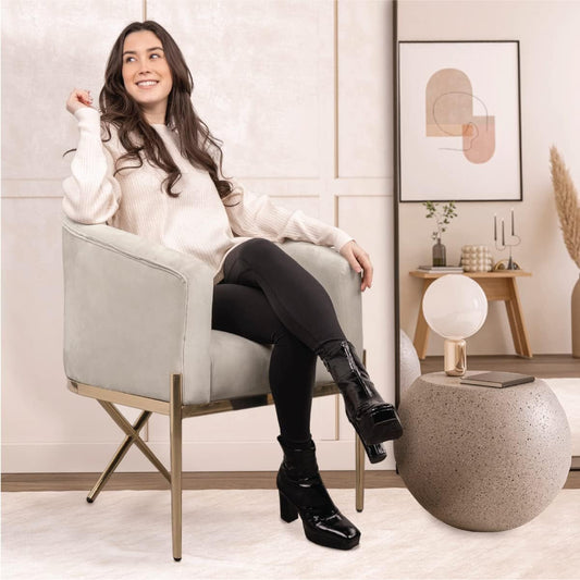 Arm Chair for Living Room and Dining Room with Upholstered Easy Clean Velvet and X Shaped Gold Legs, Ivory-1