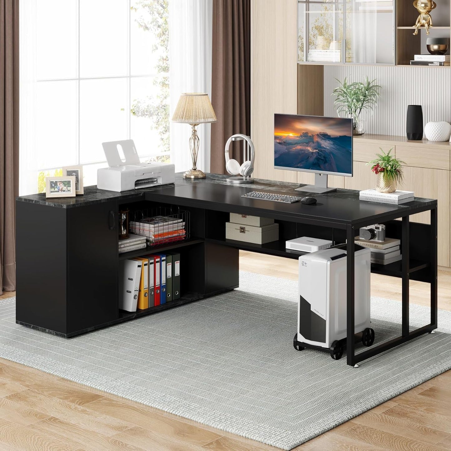 71 Inch Executive Desk, L Shaped Desk with Cabinet Storage, Executive Office Desk with Shelves, Business Furniture Desk Workstation for Home Office, Black-3