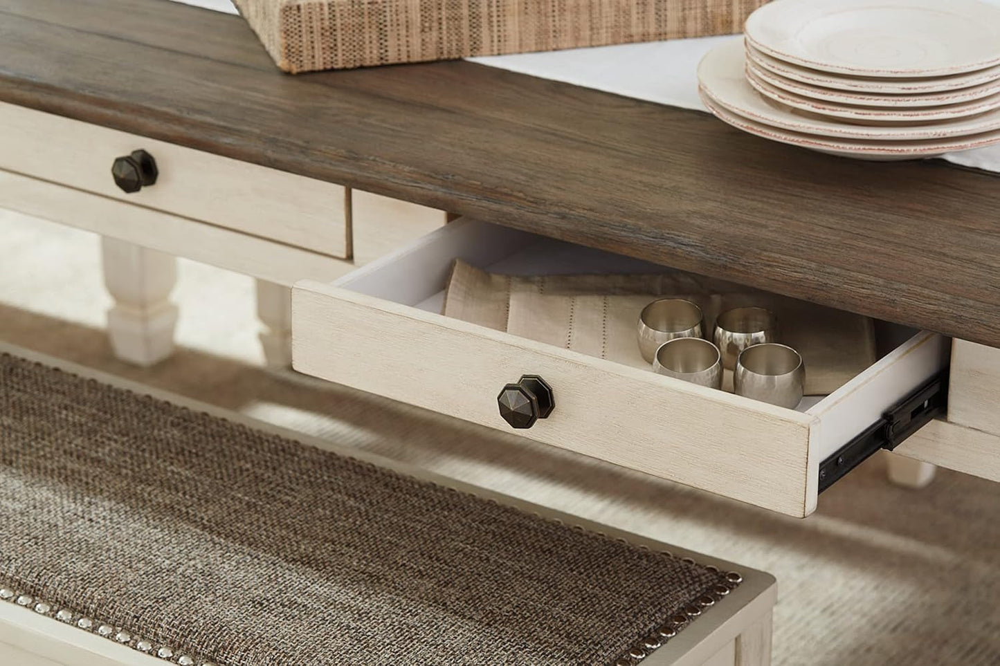 Bolanburg Farmhouse Dining Table with Drawers, Seats up to 6, Whitewash-3