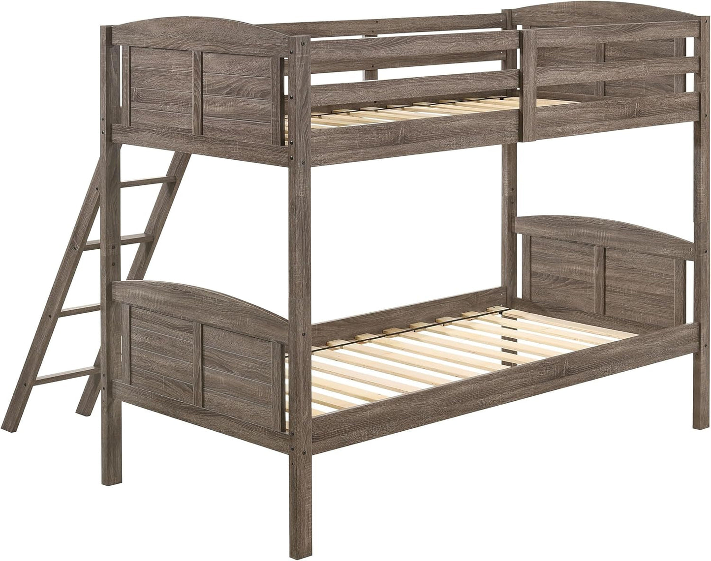 Flynn Farmhouse Wood Twin over Twin Size Bunk Bed Frame with Ladder and Guardrails Fully Slatted Mattress Ready Foundation Weathered Brown 400808-4