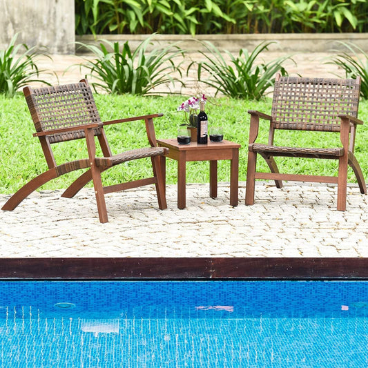 3 PCS Patio Conversation Set, Solid Eucalyptus Wood Frame Outdoor Wicker Furniture Set Bistro Set with Coffee Table, Rattan Furniture Set for Backyard Porch Garden Poolside Balcony (Brown)-1