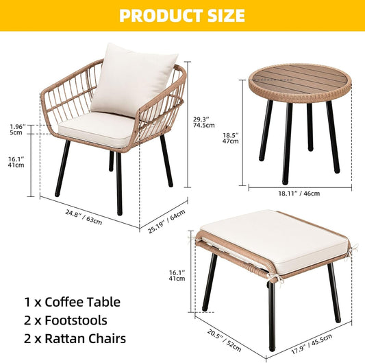 5 Piece Patio Bistro Set, Outdoor Wicker Conversation Set with Ottomans and Side Table, All-Weather Durable Rattan Furniture for Porch, Balcony, Deck, Backyard, Garden (Beige)-1