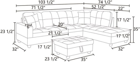 L-Shaped 3-Piece Linen Sofa with Storage Ottoman Set, Sectional Couch Sofa Set for Living Room, Office, Small Space, Grey-1