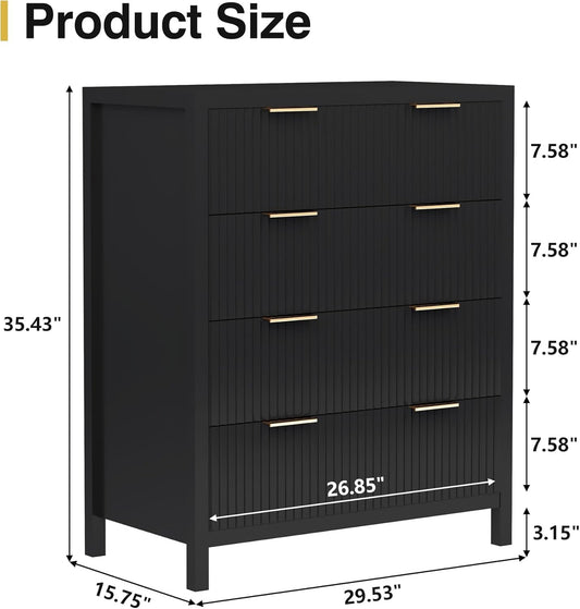 4 Drawer Dressers for Bedroom, Modern Closet Chest of Drawers with Waveform Fluted Panel, Large Wood Storage Dresser Organizer for Nursery Bedroom Living Room Hallway Closet, Black-1