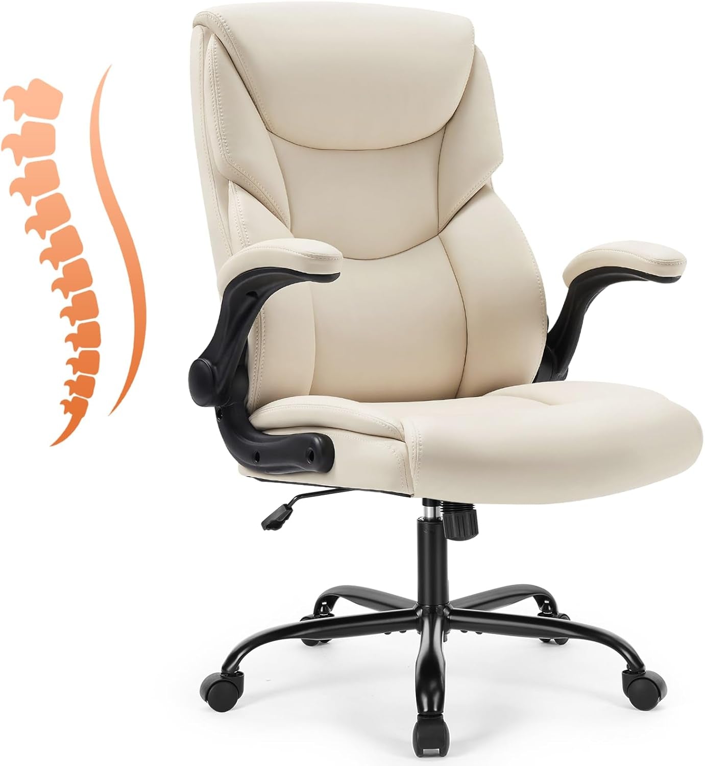 Computer Gaming Chair, Ergonomic Office Chair High Back Heavy Duty Task Desk Chair with Flip-Up Arms, PU Leather, Adjustable Swivel Rolling Chair with Wheels, Cream-0