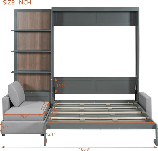 Queen Size Murphy Bed with Sofa and Shelves, Gray-1