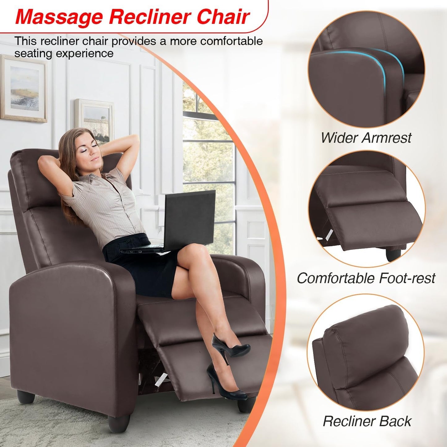 Recliner Chair Massage Chair Reading Chair Reclining Sofa Home Theater Seating with Lumbar Support Massage and Padded Backrest for Living Room and Bedroom (Leather, Brown)-3