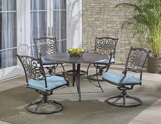 Traditions 5-Piece Rust Resistant Aluminum Patio Dining Set with Blue Cushions, Swivel Rockers and Aluminum round Dining Table, Outdoor Dining Set for 4-1