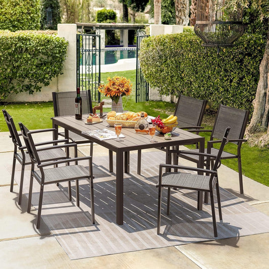 Patio Dining Set 7 Pieces Outdoor Furniture Table and 6 Textilene Chairs, Light Grey-1