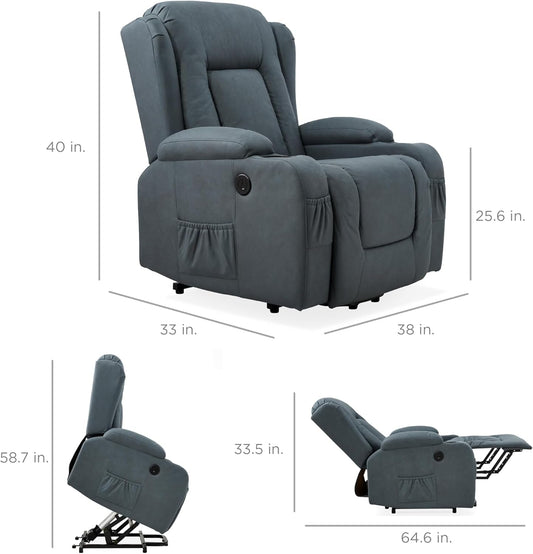 PU Leather Electric Power Lift Chair, Recliner Massage Chair, Adjustable Furniture for Back, Legs W/ 3 Positions, USB Port, Heat, Cupholders, Easy-To-Reach Side Button - Blue-1