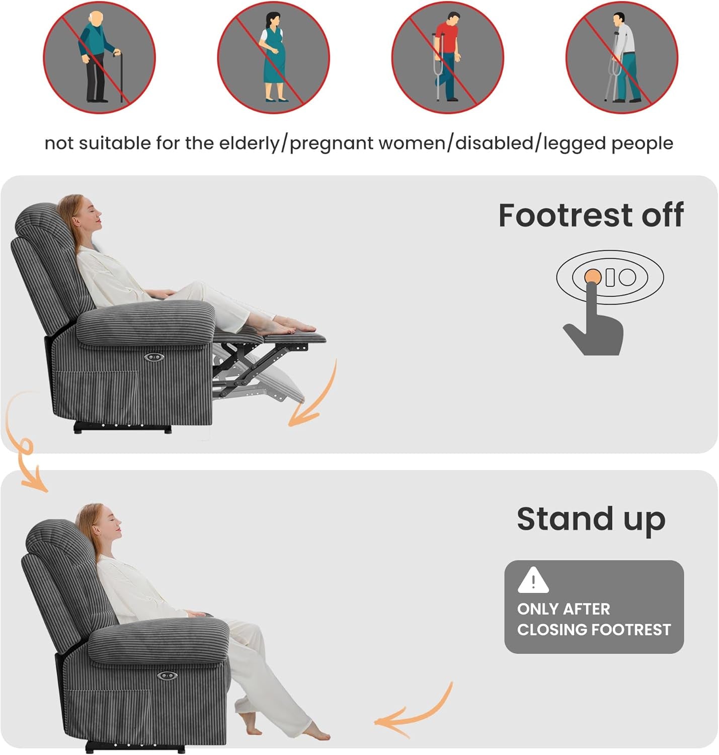 Upgraded Power Recliner Chair for Adults, Adjustable Electric Chair Power Reclining Sofa, USB Port, Ultra-Comfy Corduroy Recliner for Living Room, Tool-Less Assembly Single Sofa Gray-2