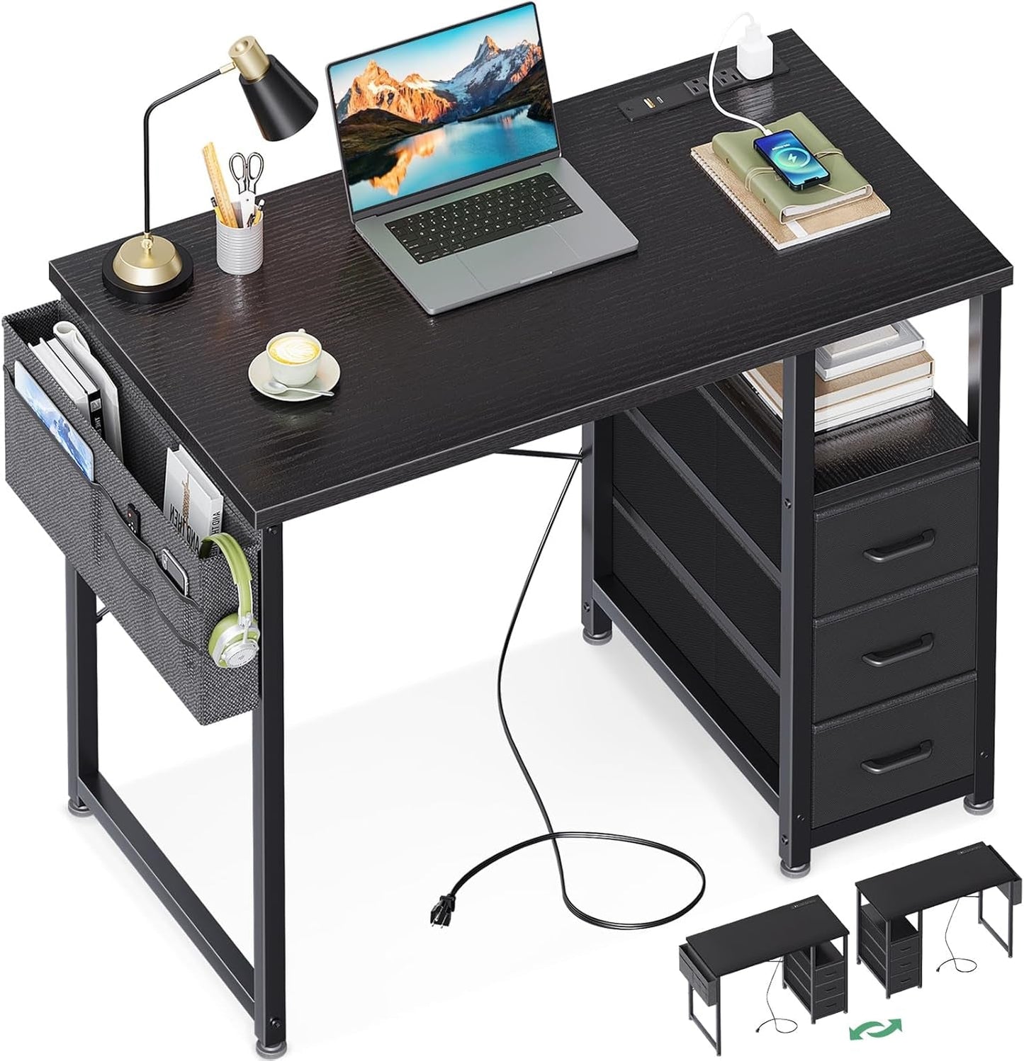 32-Inch Small Computer Desk with Fabric Drawers and Charging Station, Kids Girls Teen Study Writing Desk for Bedroom, Home Office Desk with Storage Shelf & Bag, Vanity Table for Small Space,Black-0