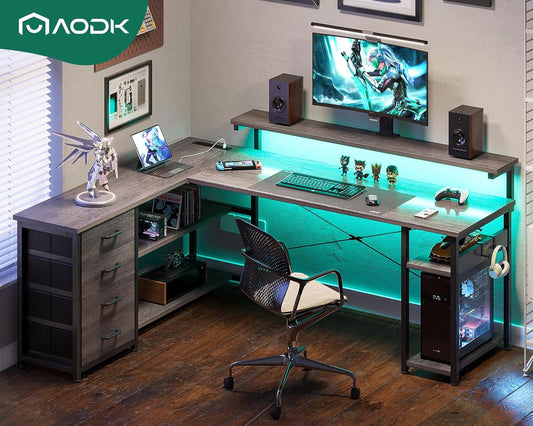 61" L Shaped Desk with Drawer, Computer Desk with Power Outlets & LED Lights, Reversible Corner Gaming Desk for Home Office Workstation, Office Desk with Monitor Shelf, Gray-1