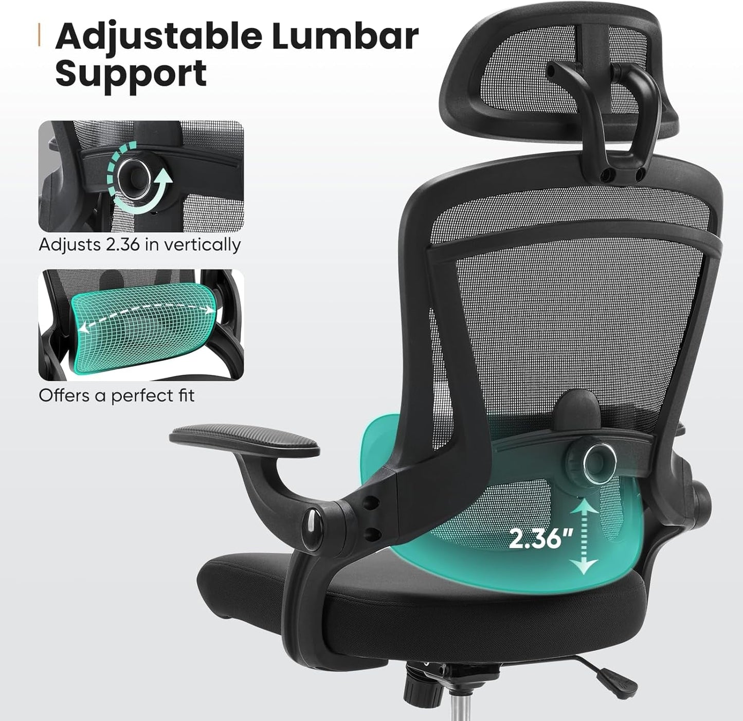 Ergonomic Mesh Office Chair, High Back Desk Chair with 2D Headrest, Up&Down Lumbar Support, Swivel Computer Task Chair with Adjustable Flip-Up Armrests,Black-3