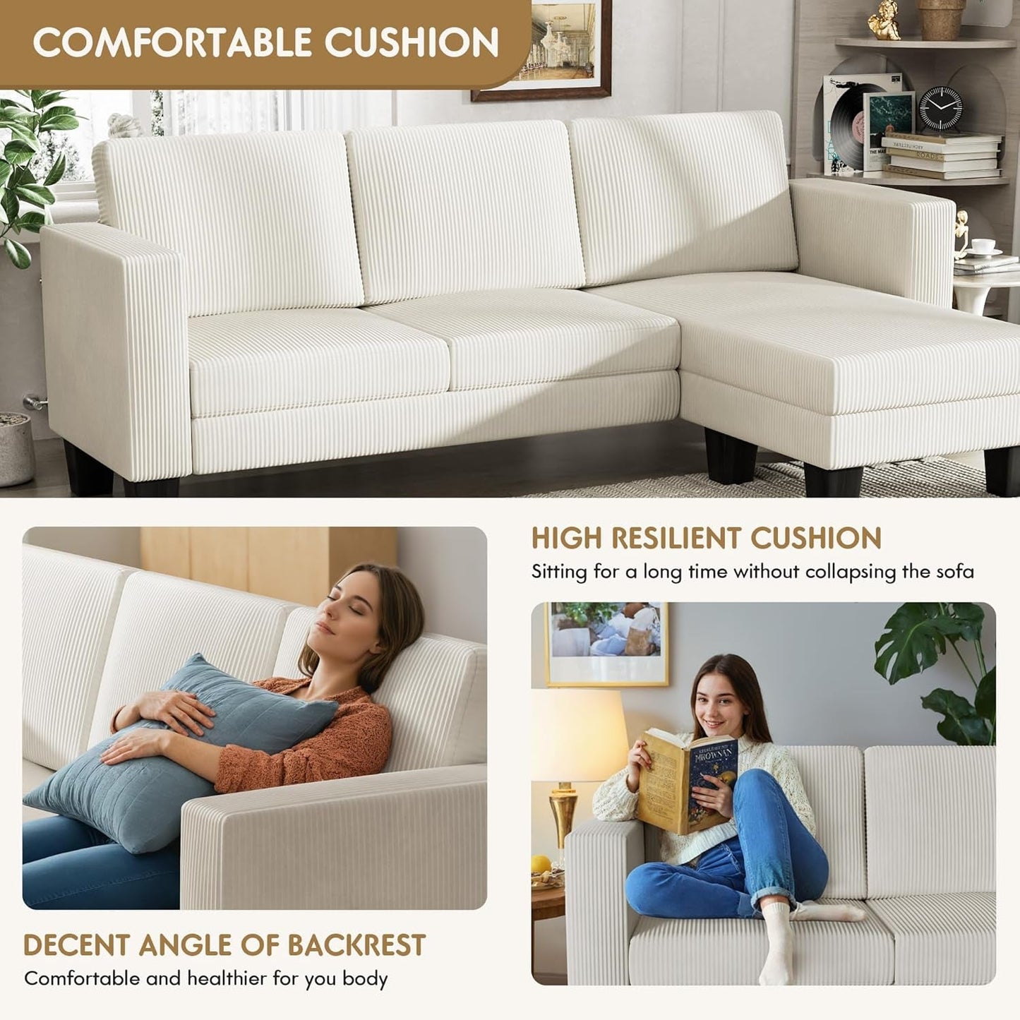 L-Shaped Convertible Sectional Sofa 3 Seater with Corduroy Fabric, Complete with Mobile Footrest, for Living Room, Apartment and Office, 70", Beige-4