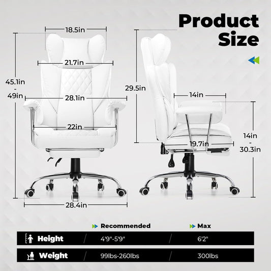 Big and Tall Gaming Chair with Pocket Spring Lumbar Support, Ergonomic Office Chair with Footrest, Executive Desk Chair with Outward Fixed Soft Armrests, Computer Chair with High Back, White-1