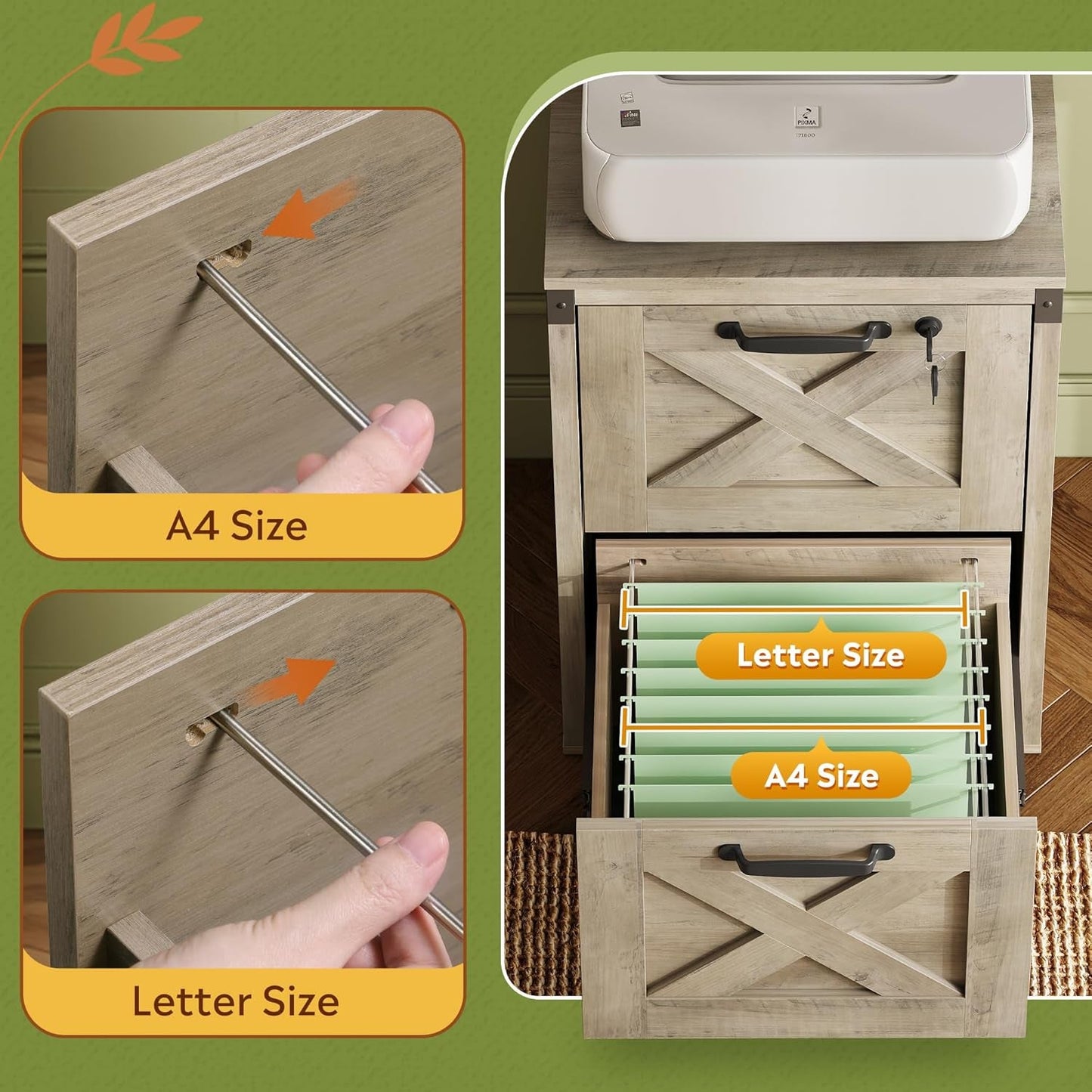 2 Drawer File Cabinet with Lock, Wood Farmhouse Filing Cabinet for Home Office, Printer Stand Fits Letter and A4 Size, Gray Oak-4