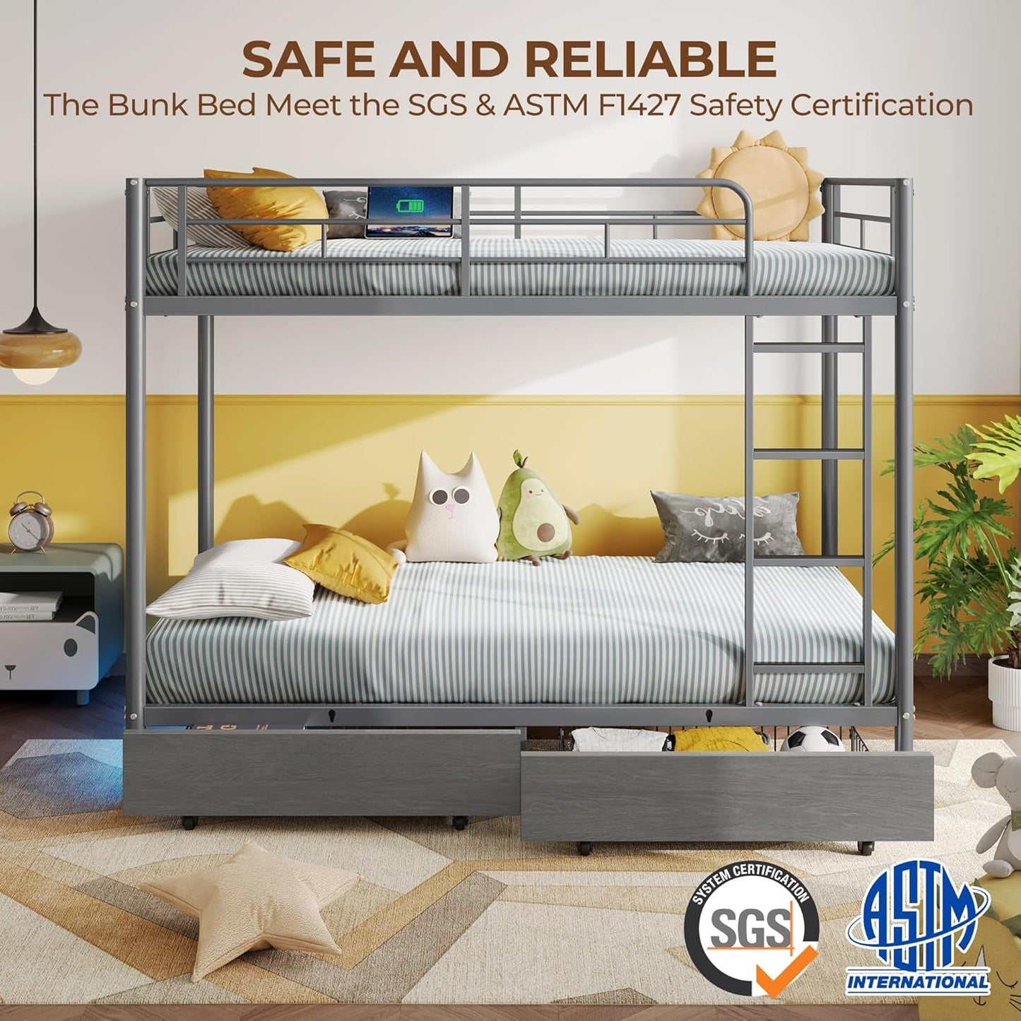 Metal Bunk Bed Twin over Twin with USB Charging Station, LED Bunk Bed with 2 Storage Drawers, Bed with Safety Guardrail & Ladders, No Box Spring Needed, Easy Assembly, Grey-4