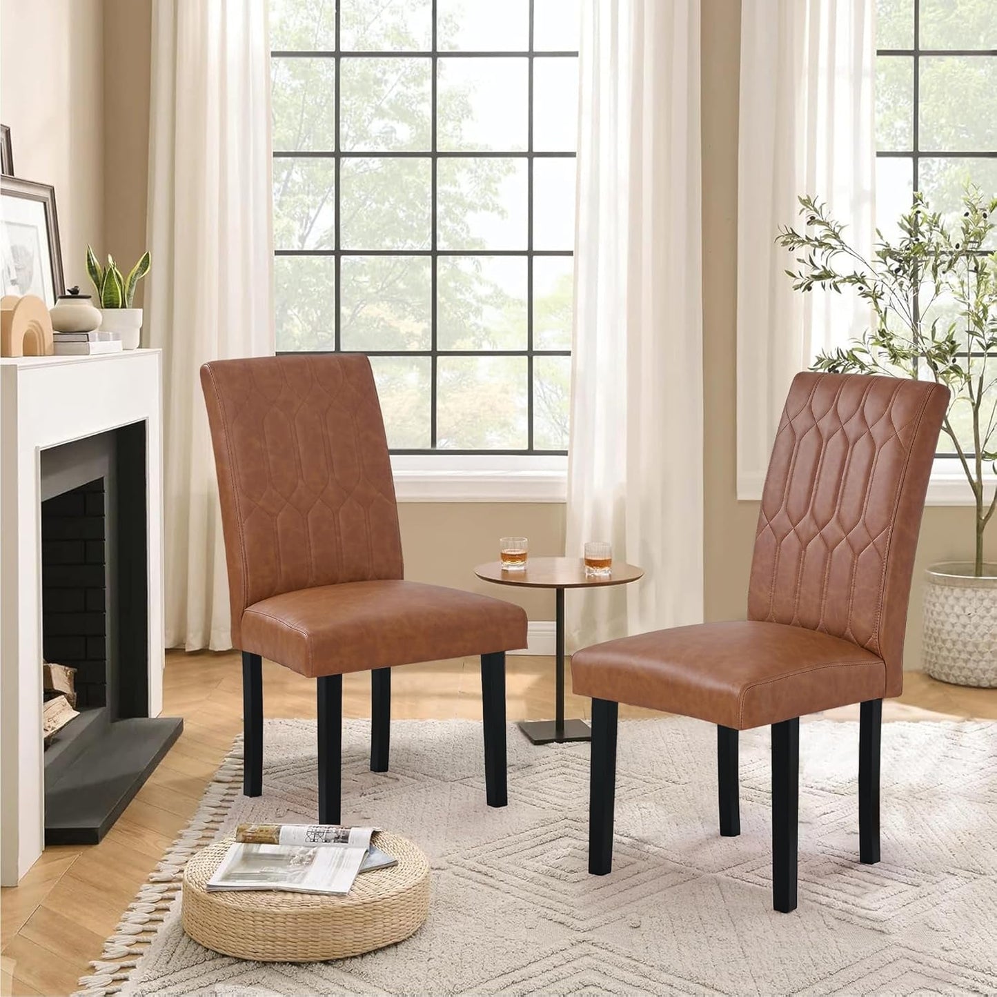 Upholstered Dining Chairs Set of 6, Modern PU Leather Accent Parsons, Solid Wood Legs W/Rubber Footpads, for Living Room Kitchen, Brown-4