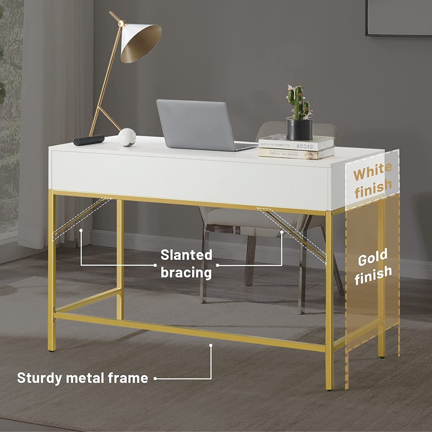 Vanity Desk with Drawers - White and Gold-3