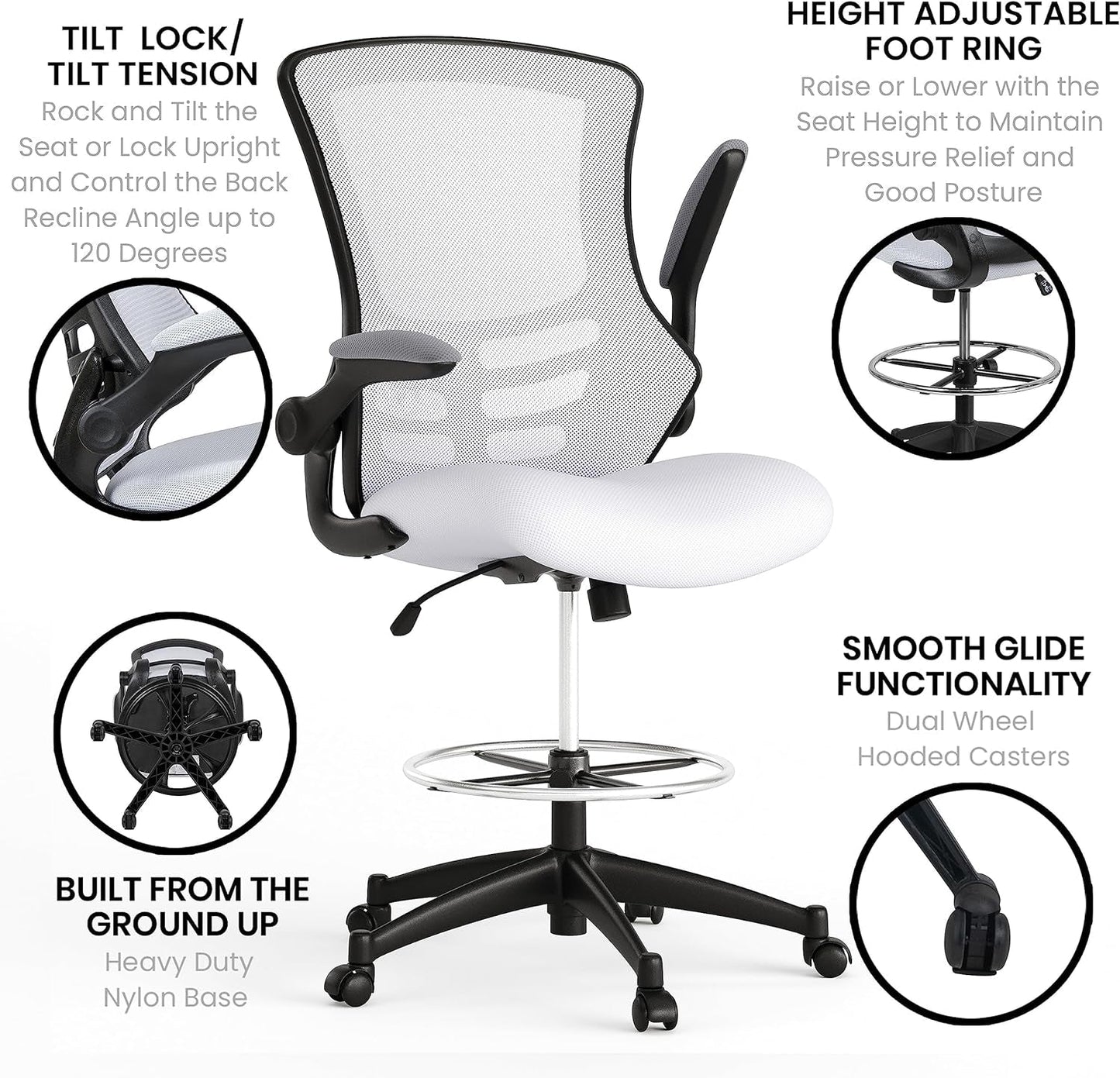 Kelista Mid-Back White Mesh Ergonomic Drafting Chair | Adjustable Foot Ring, Flip-Up Arms | Comfort and Productivity-4