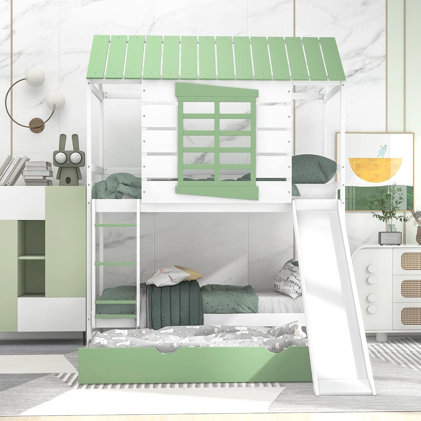 House Bunk Bed with Convertible Slide and Trundle, Solid Wood Bunk Bed Twin over Twin, for Kids Girls Boys (White+Green)-3