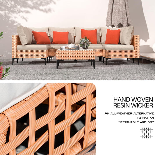 5 Piece Outdoor Patio Furniture Set Modular Outdoor Furniture Set Wicker Outdoor Sectional Sofa with Cushions and Table Patio Set for Balcony Porch Deck Yard ( (Salmon&Orange Wicker, Sand Cushion))-1
